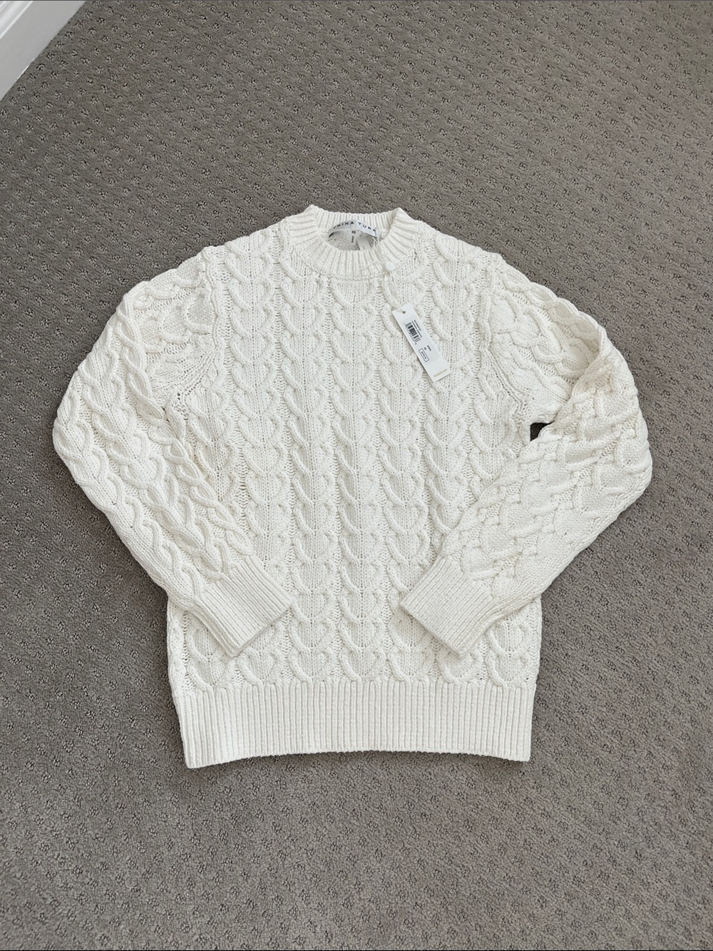 Trina Turk Cream Cable Knit Crewneck Sweater